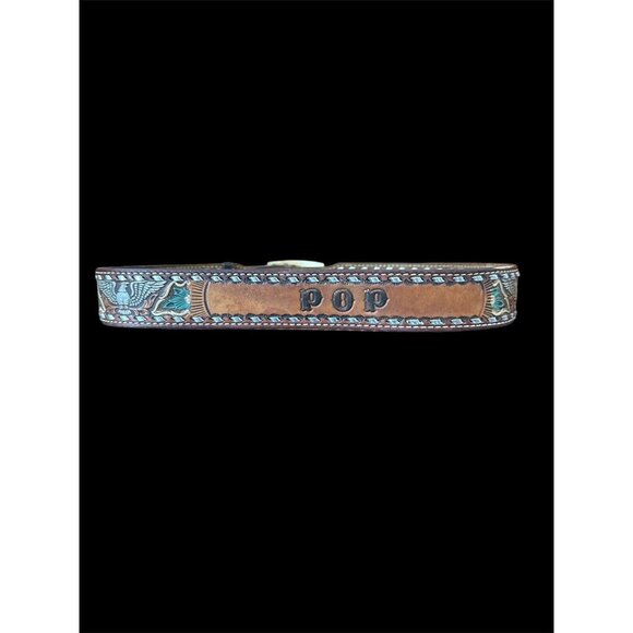 Genuine Leather Belt, Stamped Toiled Pained Eagle Toiled "POPS" Fish Buckle - Picture 2 of 7